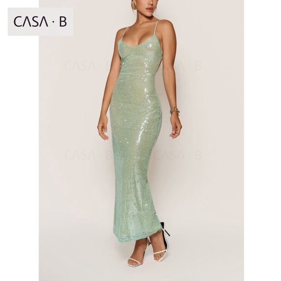 NEW💫CASA B| Elena Sultry Sheer Sequin Open Back Cutout Lime green Evening Dress - Picture 8 of 16